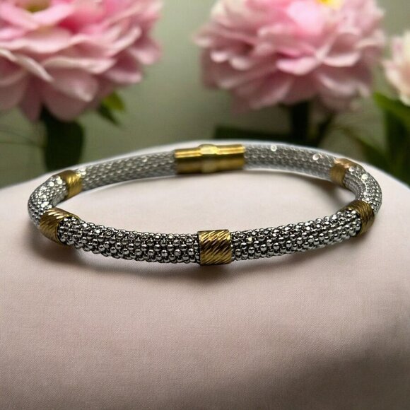 Sterling Silver & Gold-Tone Mesh Bracelet With Twist Accents 925 Italy - Picture 1 of 9